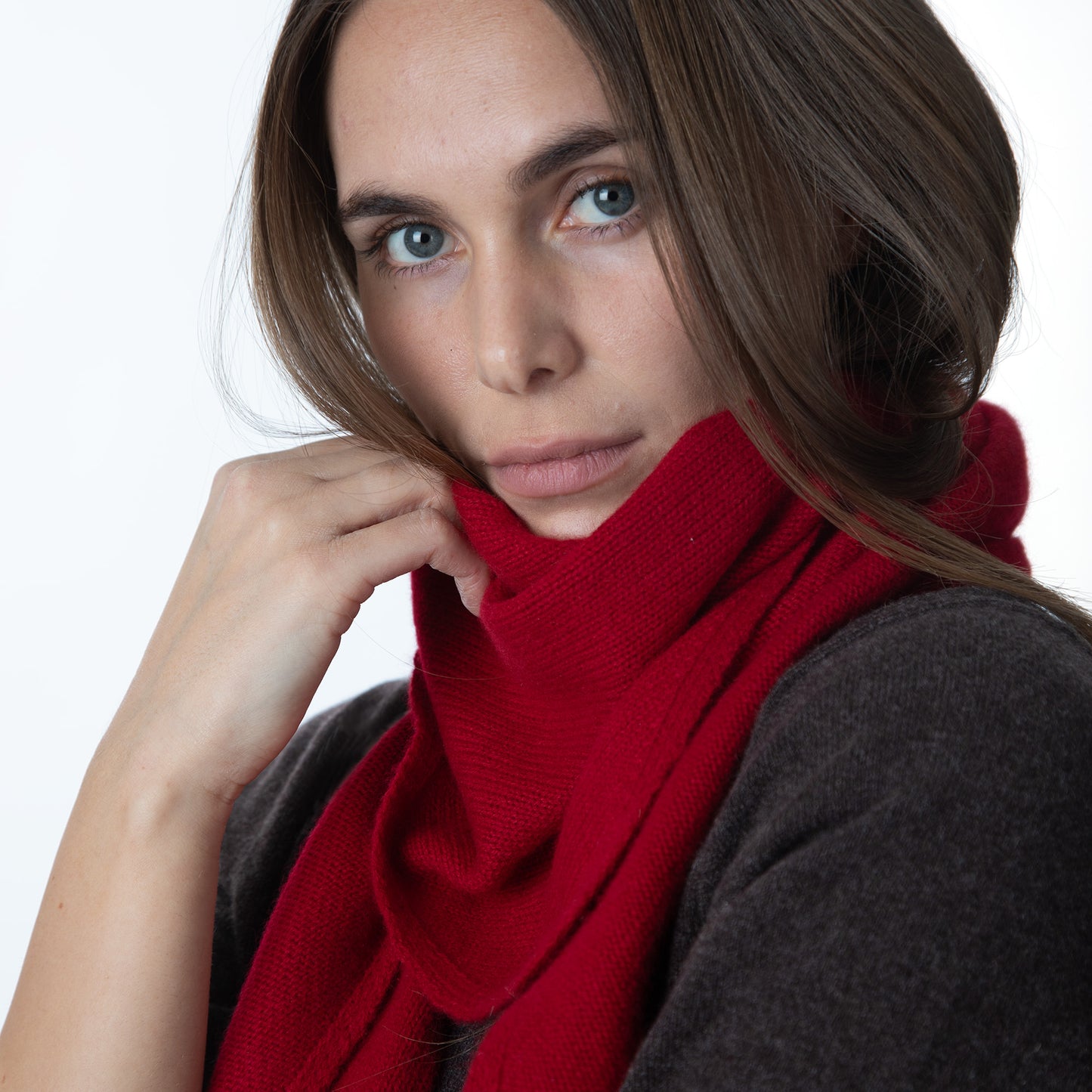 MA81 Cashmere Triangular Scarf by Mawei, red, front view, scarf details close up, female model.
