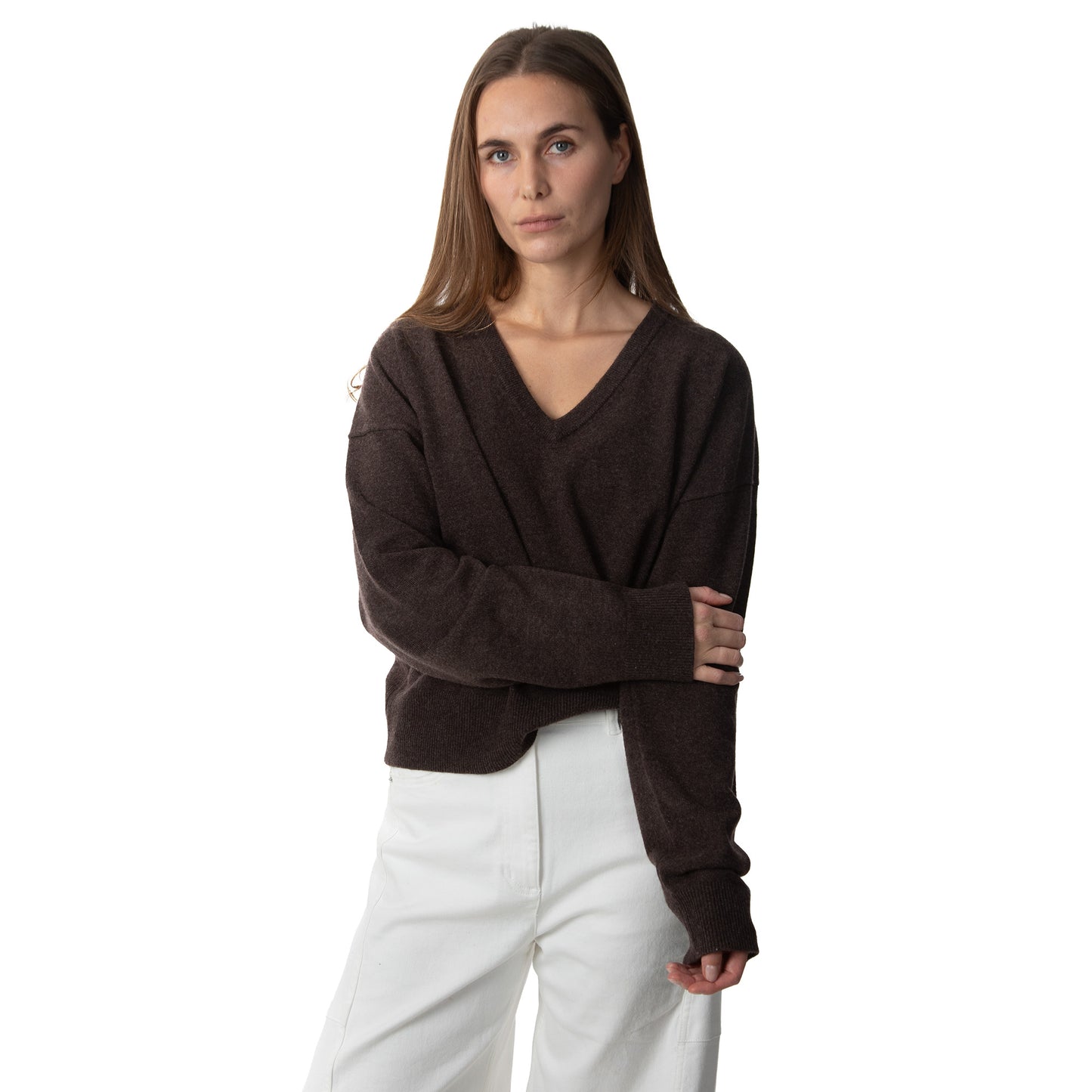 MA08 Oversized Cashmere  V-neck  Sweater by Mawei, brown, front view, female model
