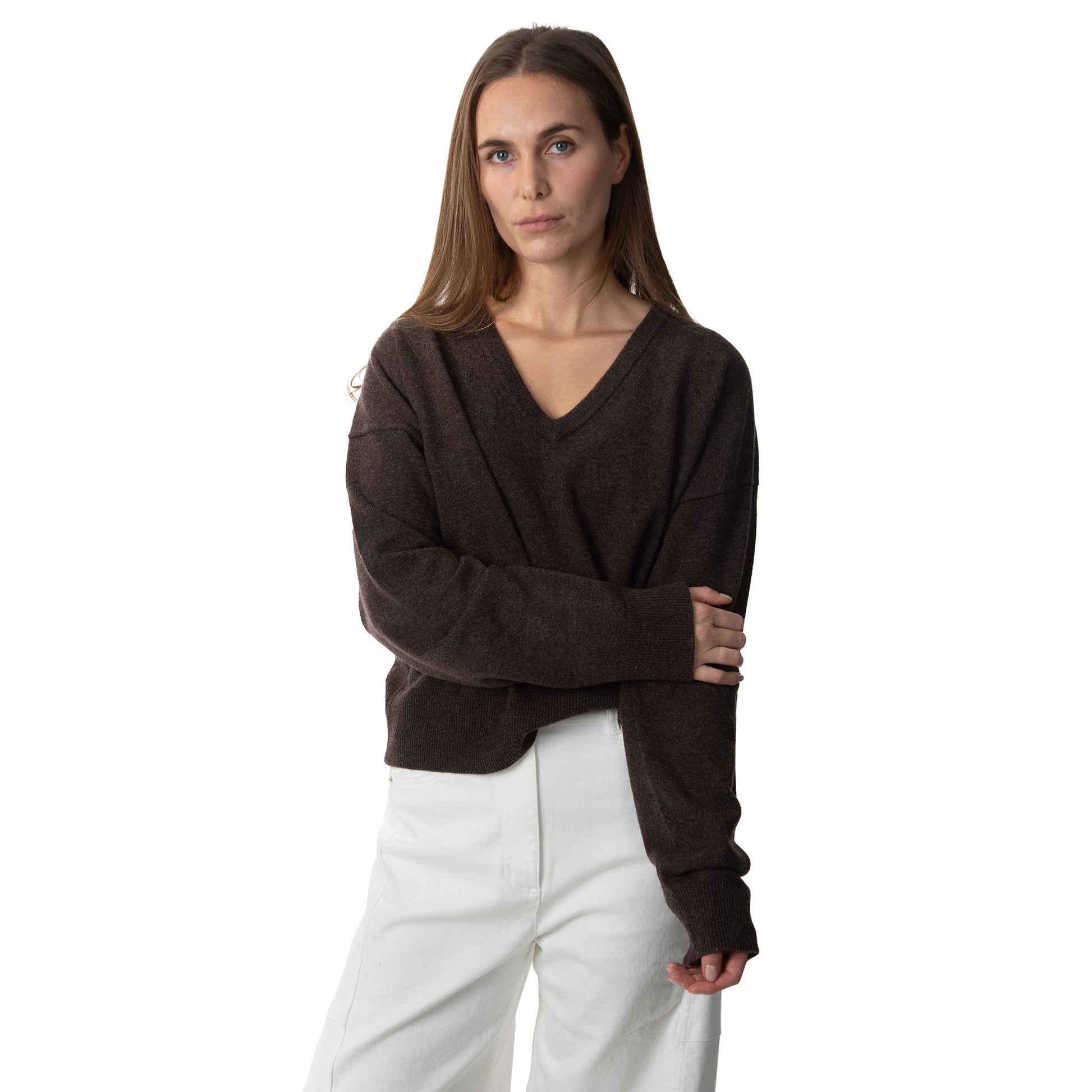 MA08 Oversized Cashmere  V-neck  Sweater by Mawei, brown, front view, female model