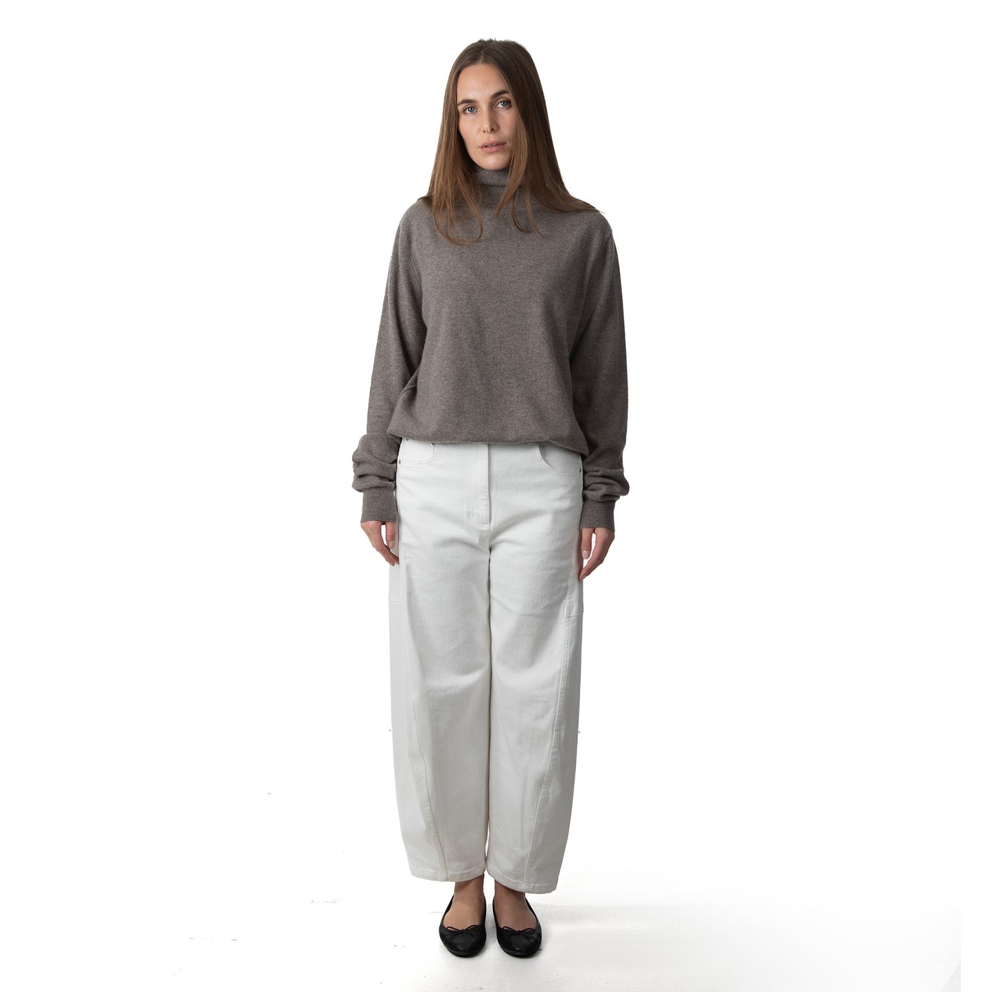 MA21 Cashmere Turtleneck Sweater by Mawei, grey-brown, front view, female model.