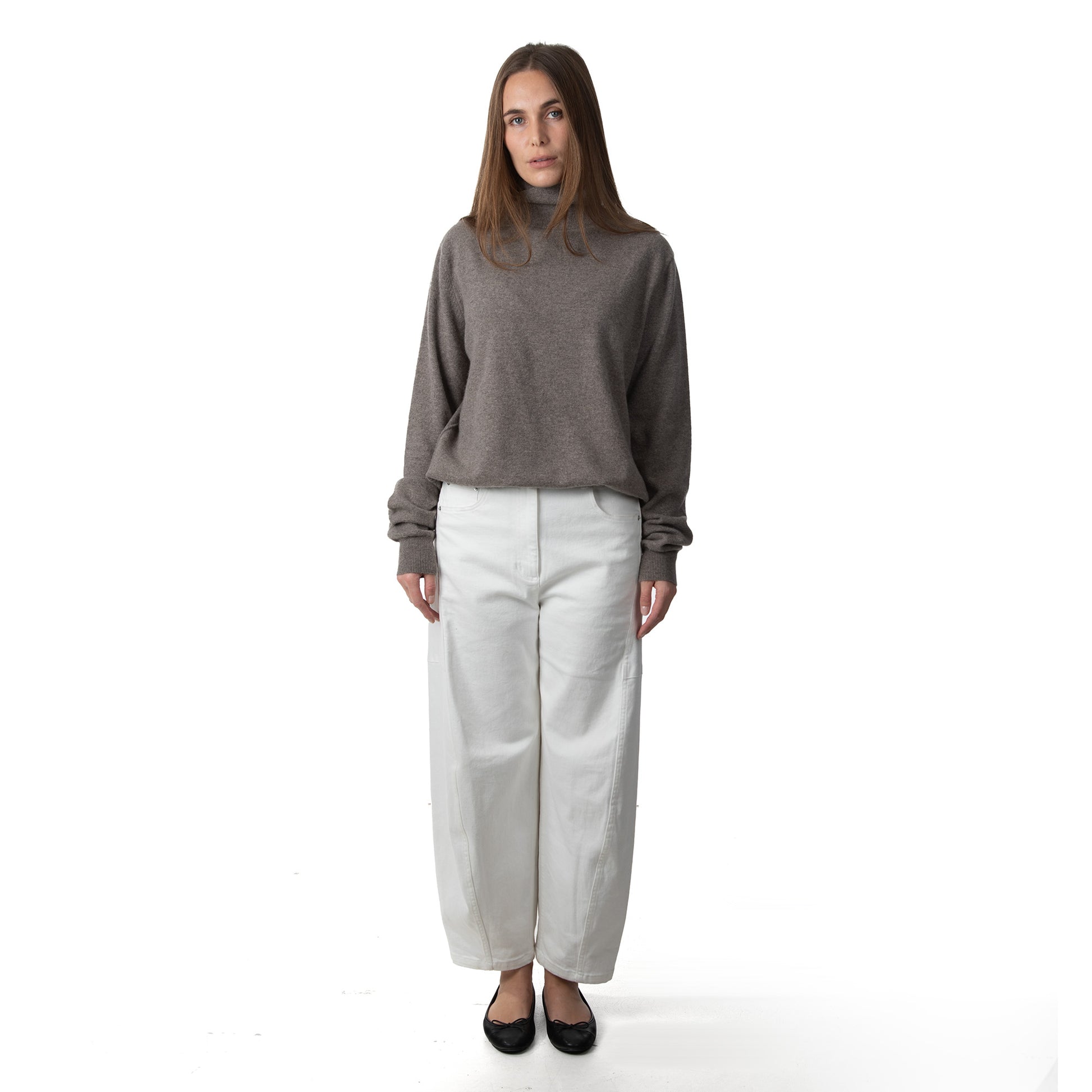 MA21 Cashmere Turtleneck Sweater by Mawei, grey-brown, front view, female model.