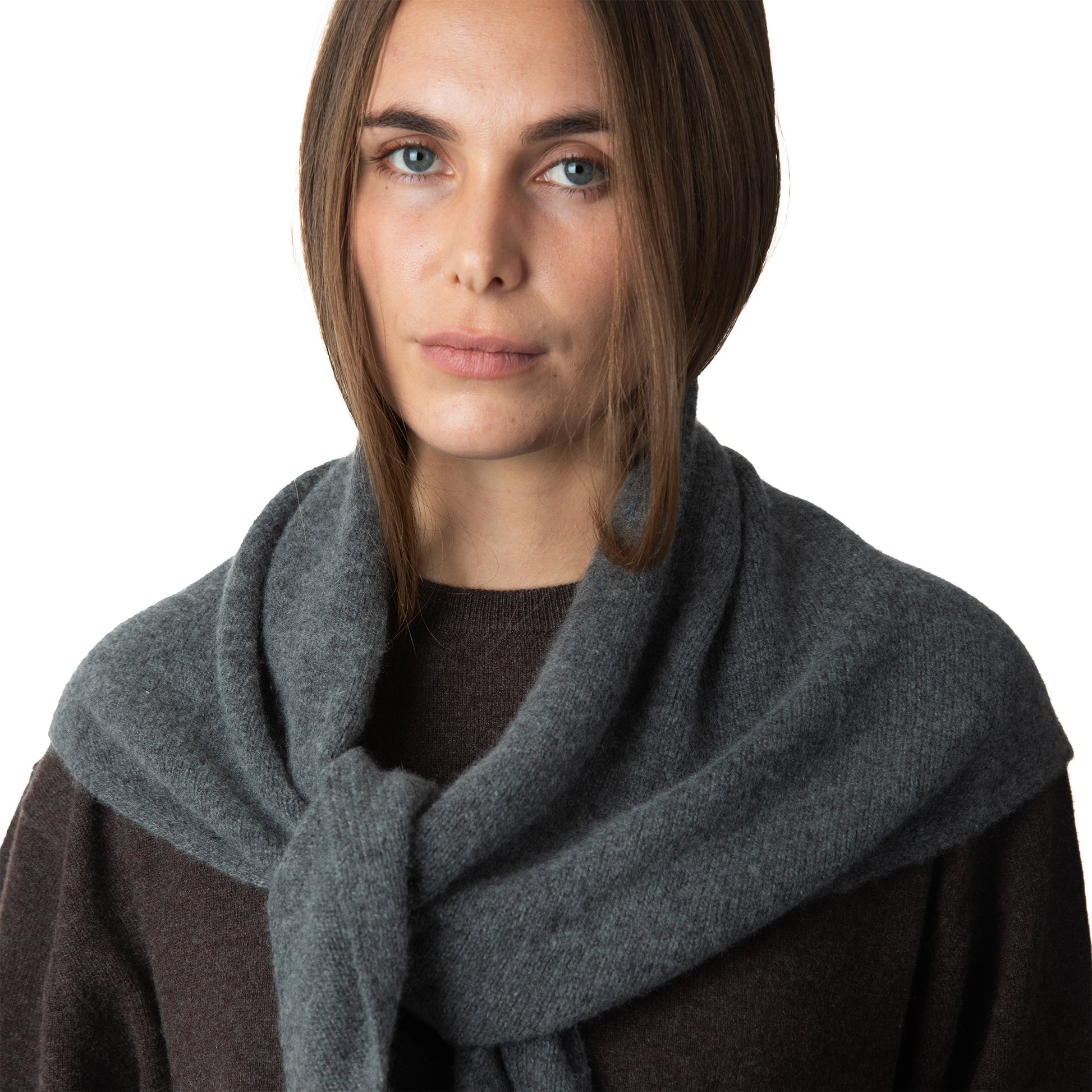 MA81 Cashmere Triangular Scarf by Mawei, grey, front view, female model.