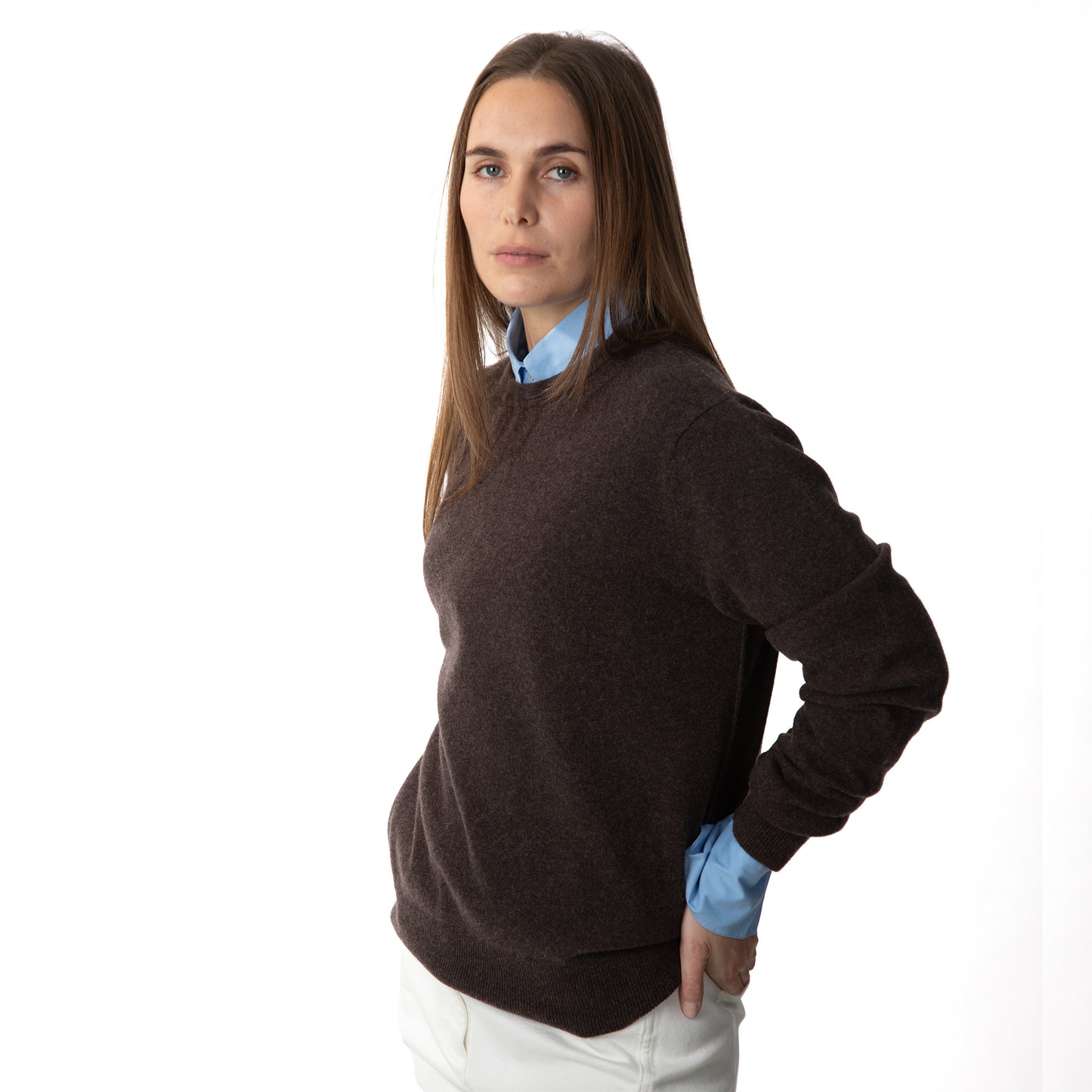 MA22 Cashmere Crewneck Sweater by Mawei, brown, side view, female model.
