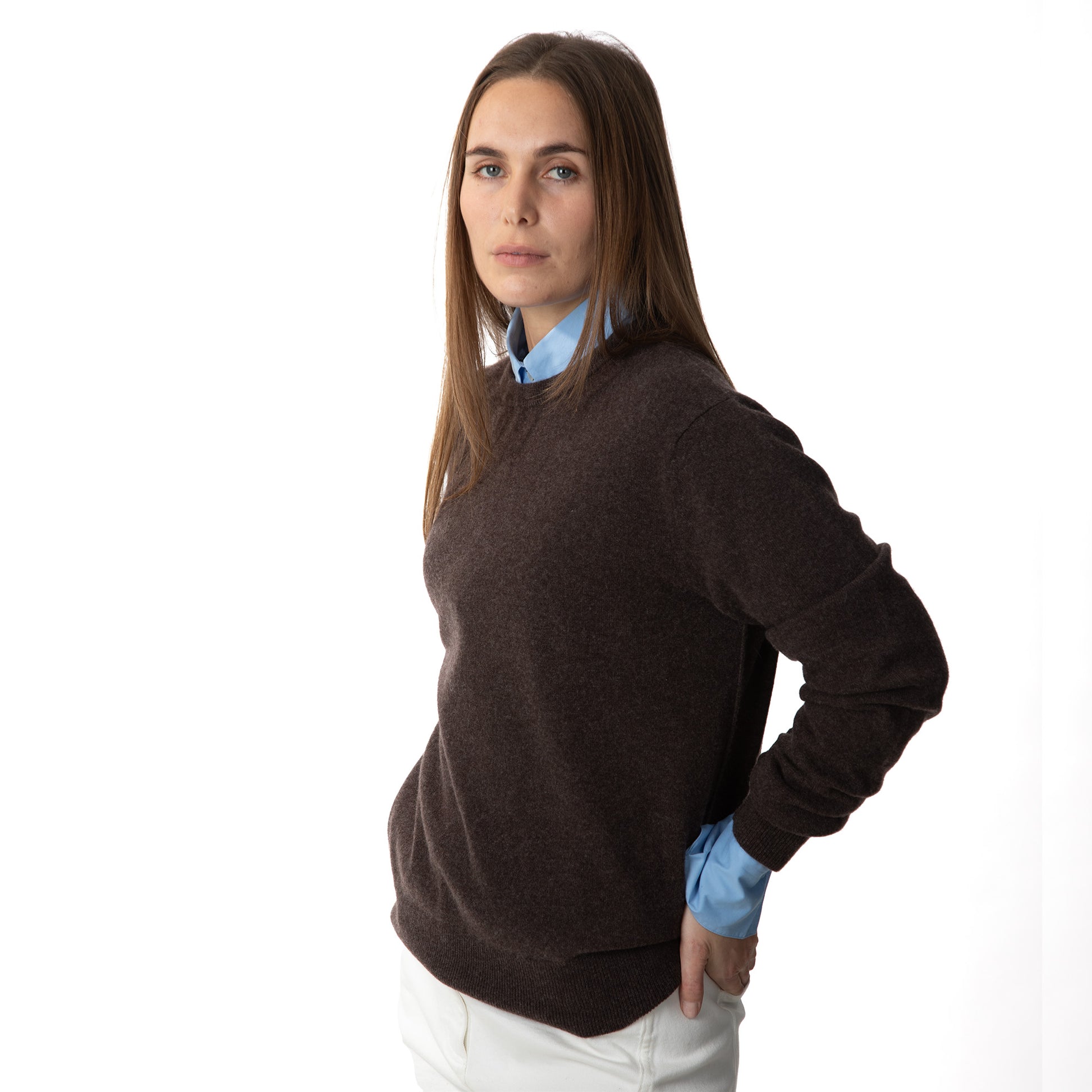 MA22 Cashmere Crewneck Sweater by Mawei, brown, side view, female model.
