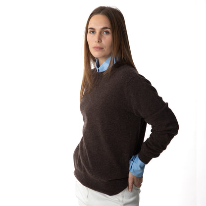 MA22 Cashmere Crewneck Sweater by Mawei, brown, side view, female model.