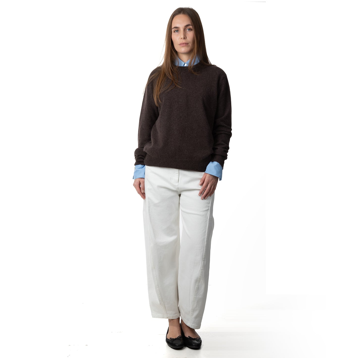 MA22 Cashmere Crewneck Sweater by Mawei, brown, front view, female model.