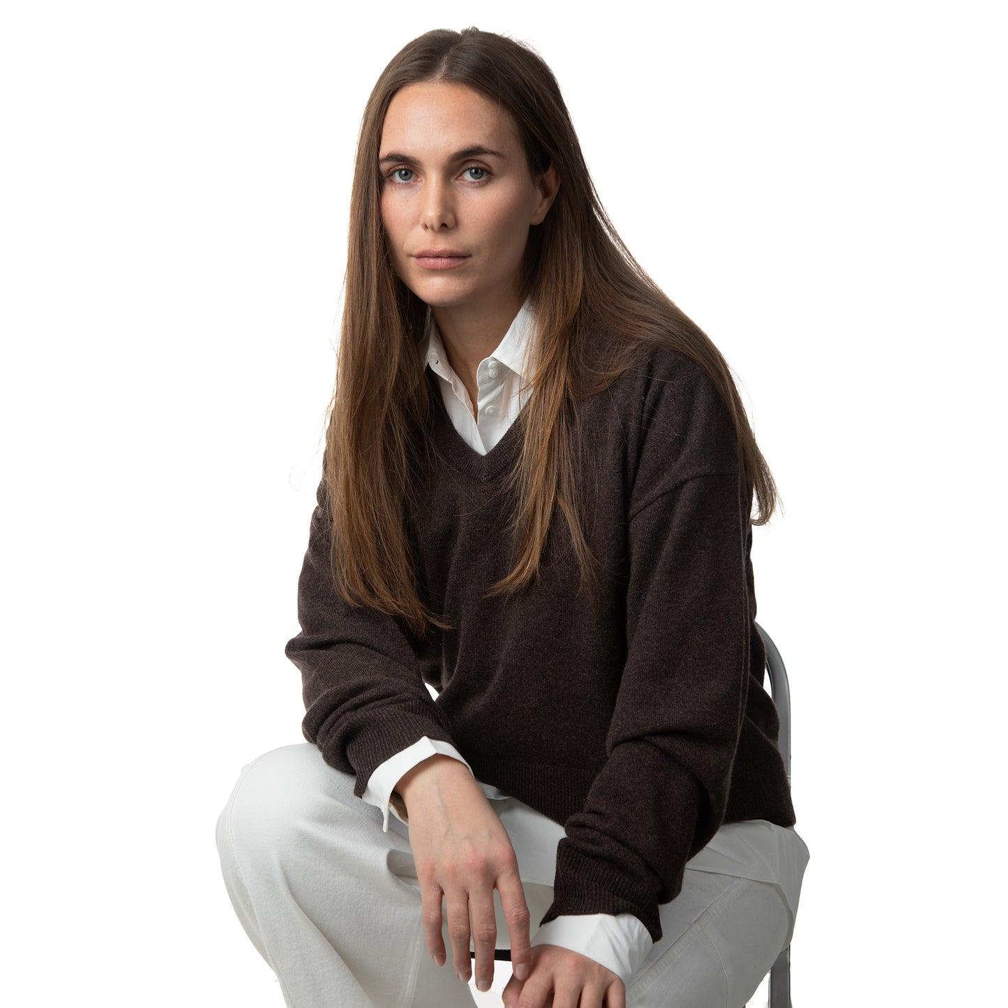 MA08 Oversized Cashmere  V-neck  Sweater by Mawei, brown, front view, female model