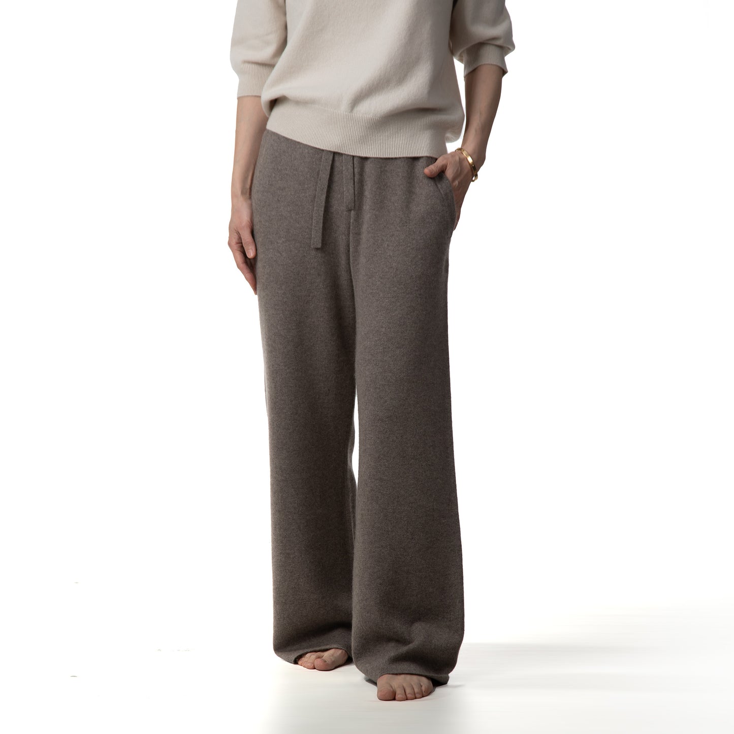 MA44 Cashmere Trousers with pockets by Mawei, grey brown,  front view, female model.
