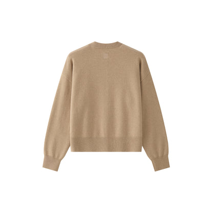 MA06 Cashmere Crewneck Cardigan by Mawei, beige camel, flat lay back side, close up. 