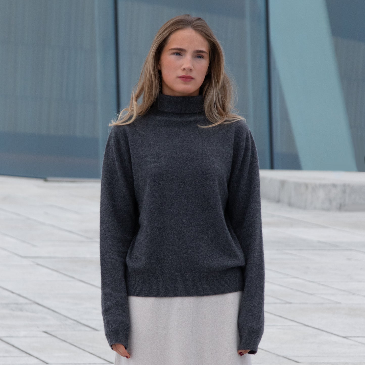 MA21 Cashmere Turtleneck Sweater by Mawei, grey, front view, female model.