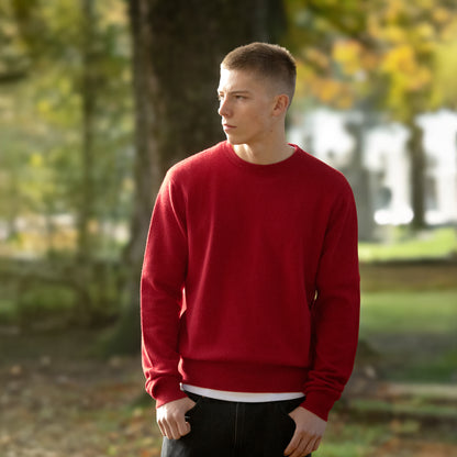 MA22 Cashmere Crewneck Sweater by Mawei, red, front view, male model.