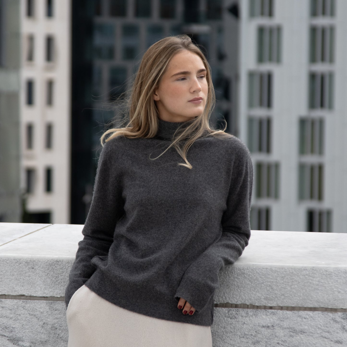 MA21 Cashmere Turtleneck Sweater by Mawei, grey, front view, female model.