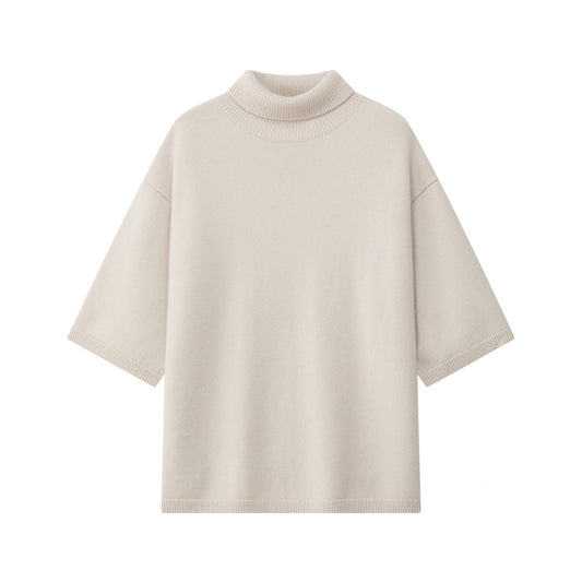 MA53 Cashmere Short Sleeve Turtleneck Oversize by Mawei in Paper off-white, front view on white background.