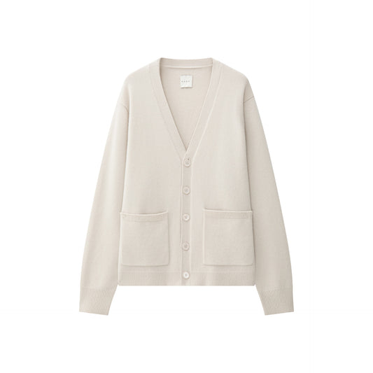 MA52 Cashmere V Neck Cardigan by Mawei in Paper off-white, front view on white background.