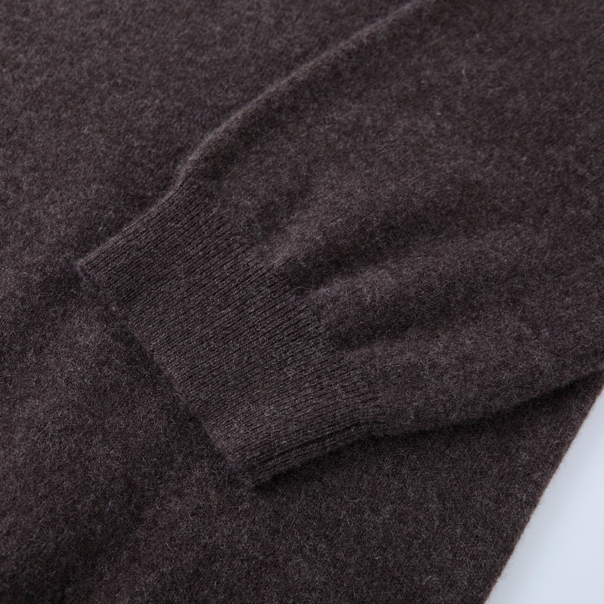 MA03 Cashmere Short Sleeve Crewneck Sweater by Mawei, brown, cuff rib close-up.
