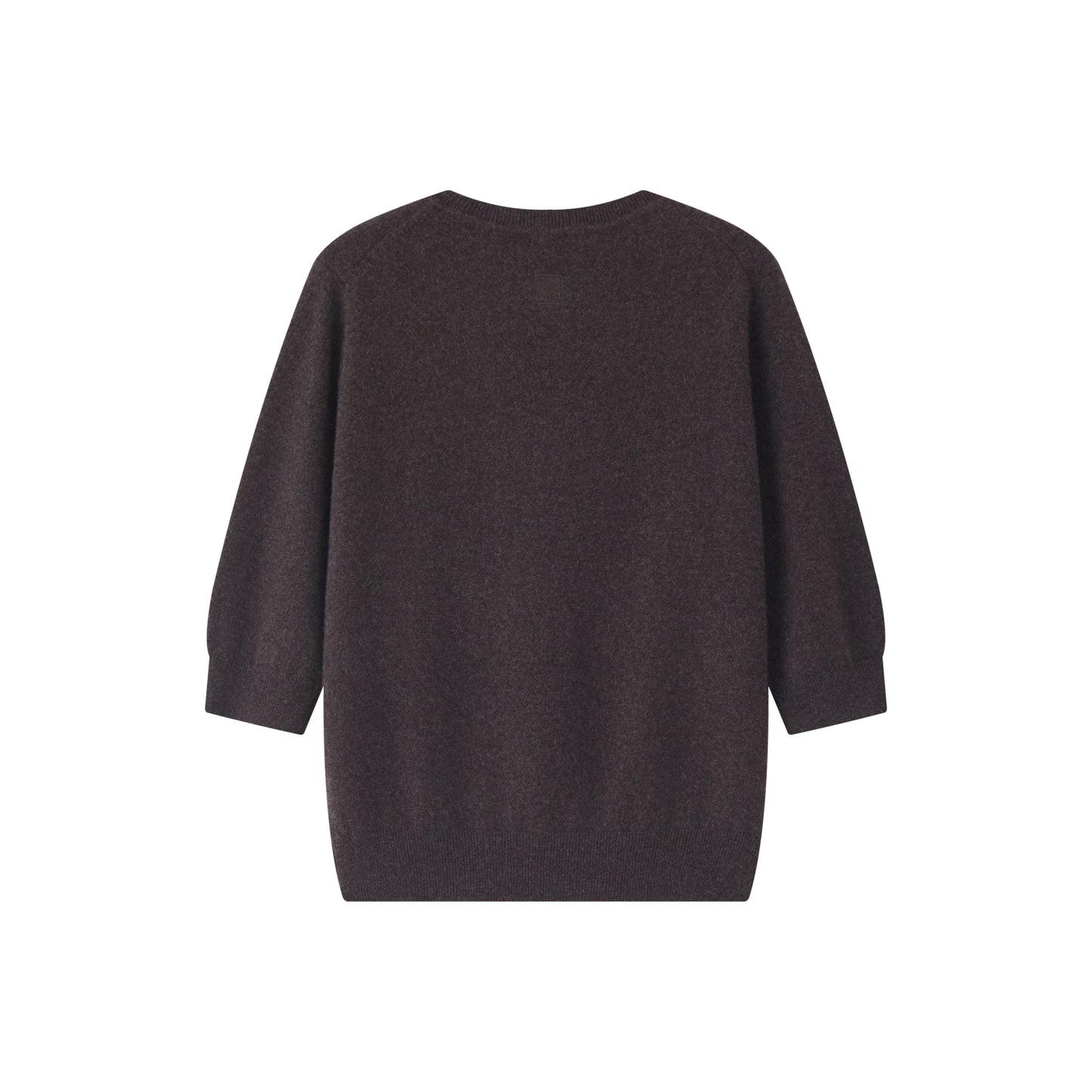 MA03 Cashmere Short Sleeve Crewneck Sweater by Mawei, brown, flat lay back side. 