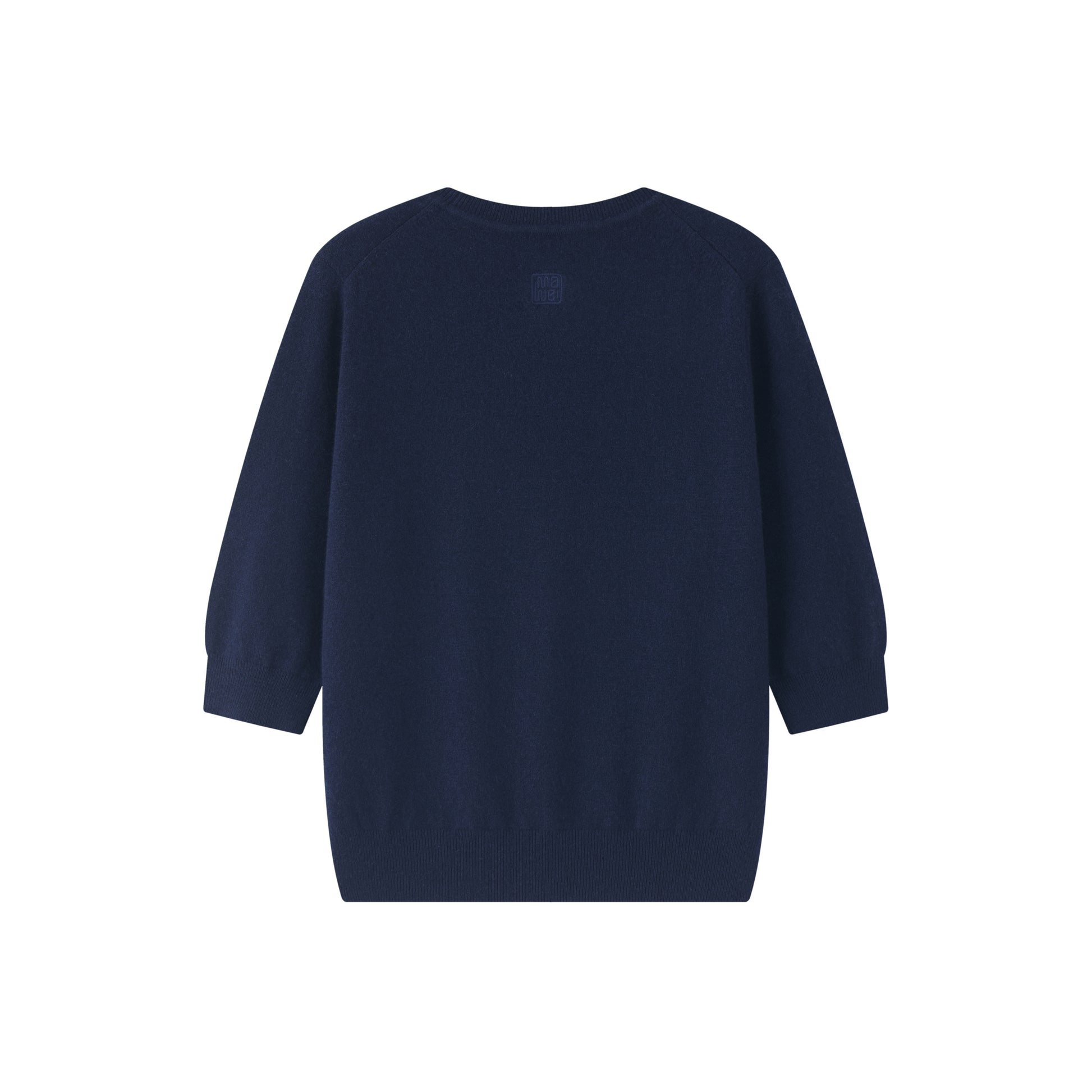 MA03 Cashmere Short Sleeve Crewneck Sweater by Mawei, navy blue, flat lay back side. 
