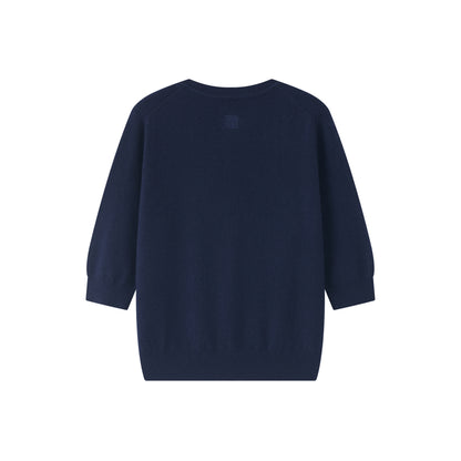 MA03 Cashmere Short Sleeve Crewneck Sweater by Mawei, navy blue, flat lay back side. 