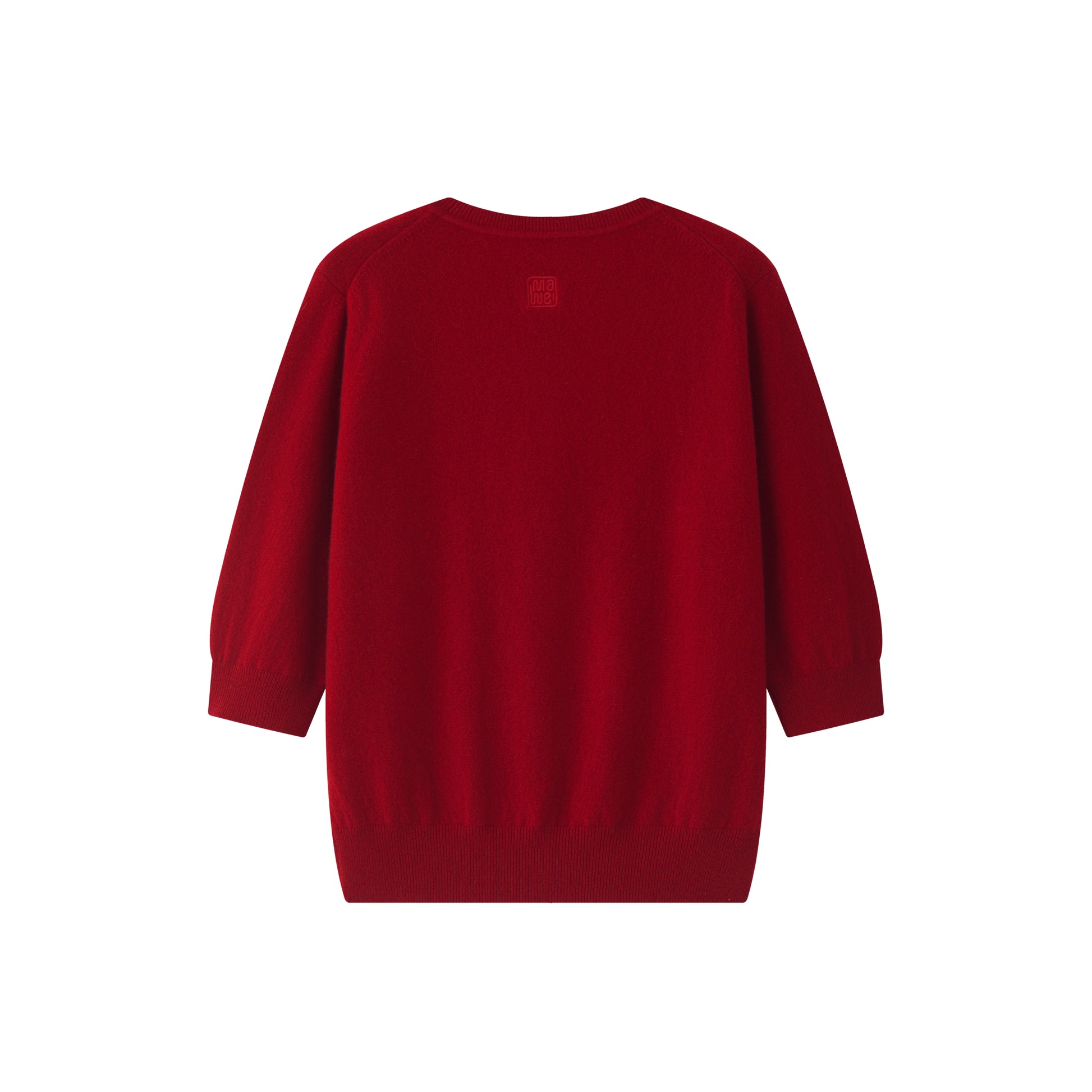 MA03 Cashmere Short Sleeve Crewneck Sweater by Mawei, red, flat lay back side. 