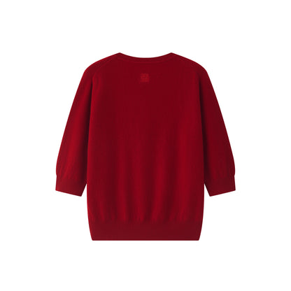 MA03 Cashmere Short Sleeve Crewneck Sweater by Mawei, red, flat lay back side. 