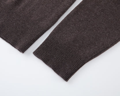 MA08 Oversized Cashmere V-neck Sweater by Mawei, brown, cuff and hem details close up