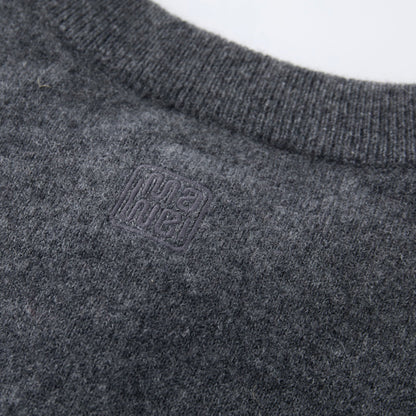 MA06 Cashmere Crewneck Cardigan by Mawei, grey,  fabric and logo embroidery close-up, back view.