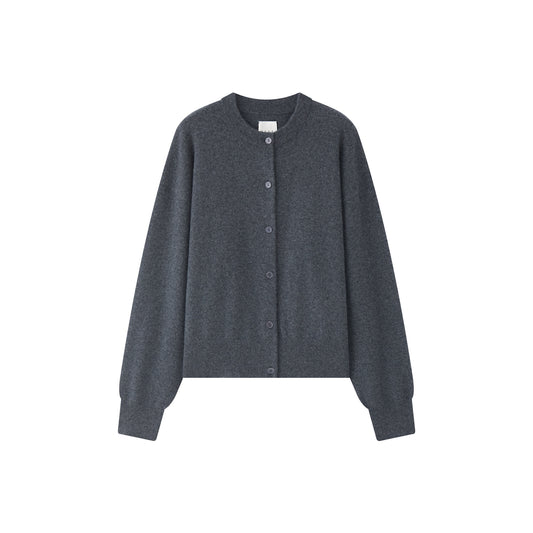 MA06 Cashmere Crewneck Cardigan by Mawei, grey,  front view, flat lay