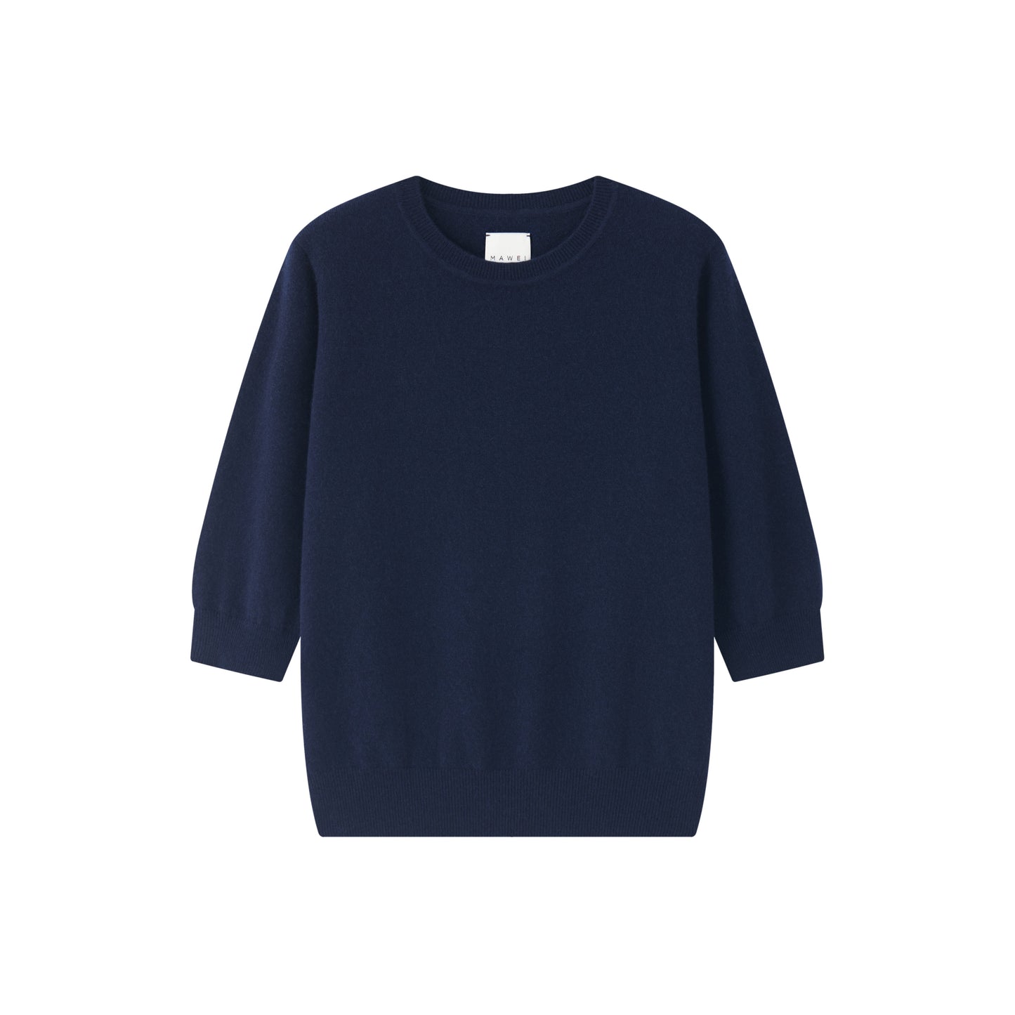 MA03 Cashmere Short Sleeve Crewneck Sweater by Mawei, navy blue, flat lay.
