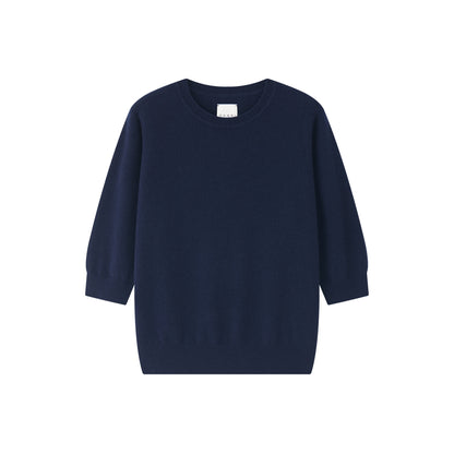 MA03 Cashmere Short Sleeve Crewneck Sweater by Mawei, navy blue, flat lay.