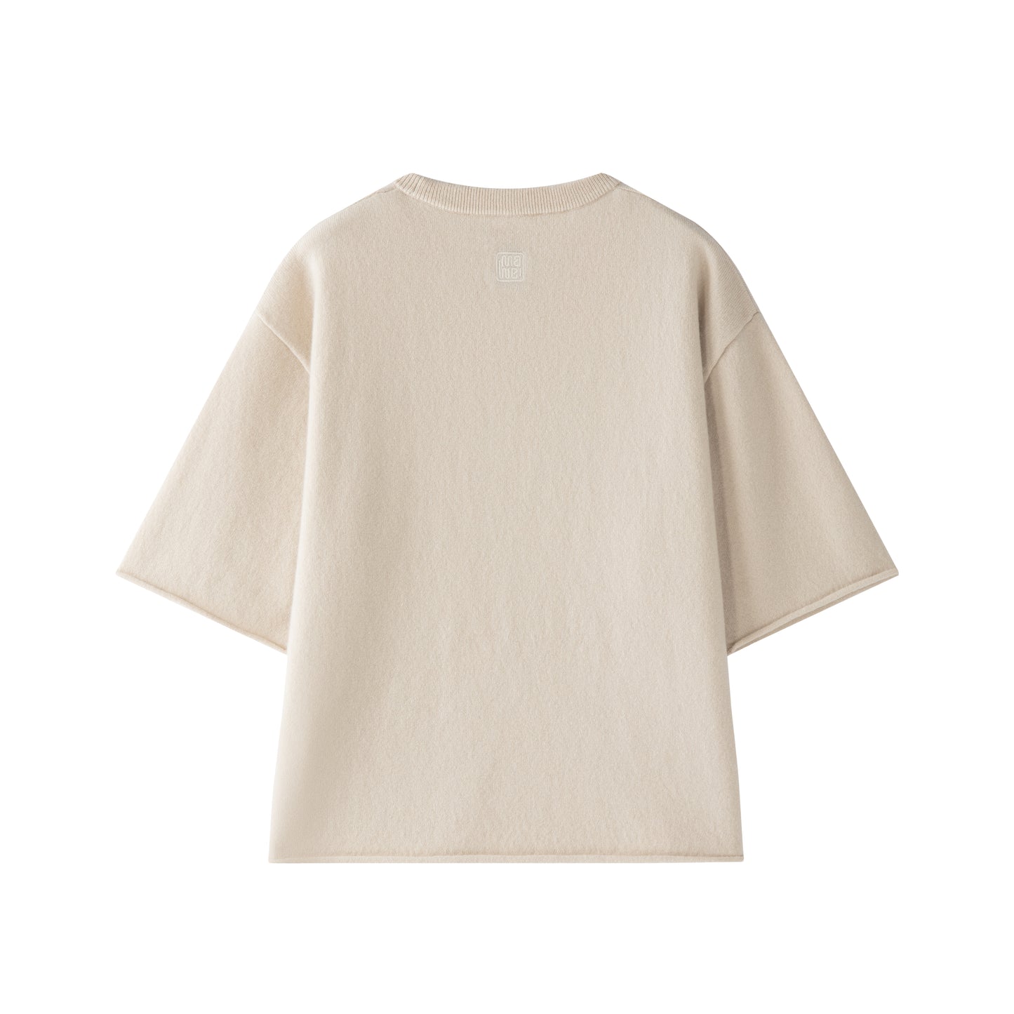 MA04 Cashmere Short Sleeve Tee with Pocket by Mawei, off white, flat lay back side. 