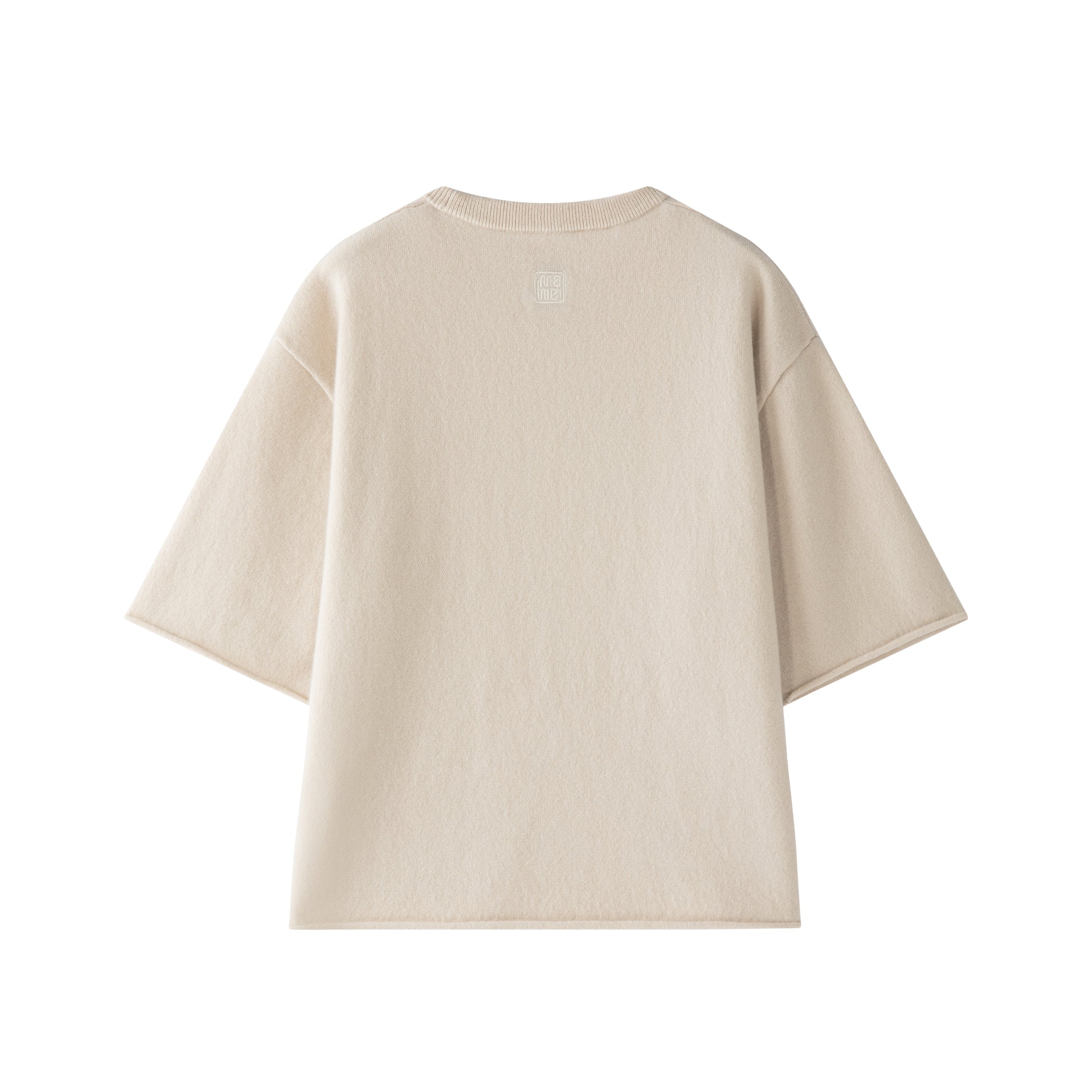 MA04 Cashmere Short Sleeve Tee with Pocket by Mawei, off white, flat lay back side. 