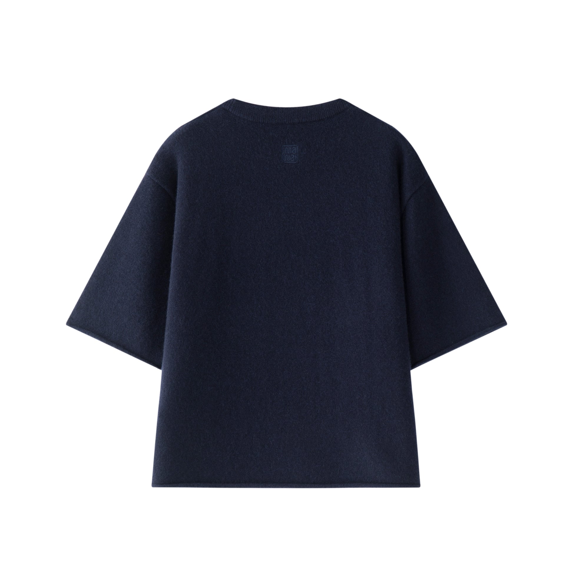 MA04 Cashmere Short Sleeve Tee with Pocket by Mawei, navy blue, flat lay back side. 