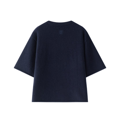 MA04 Cashmere Short Sleeve Tee with Pocket by Mawei, navy blue, flat lay back side. 