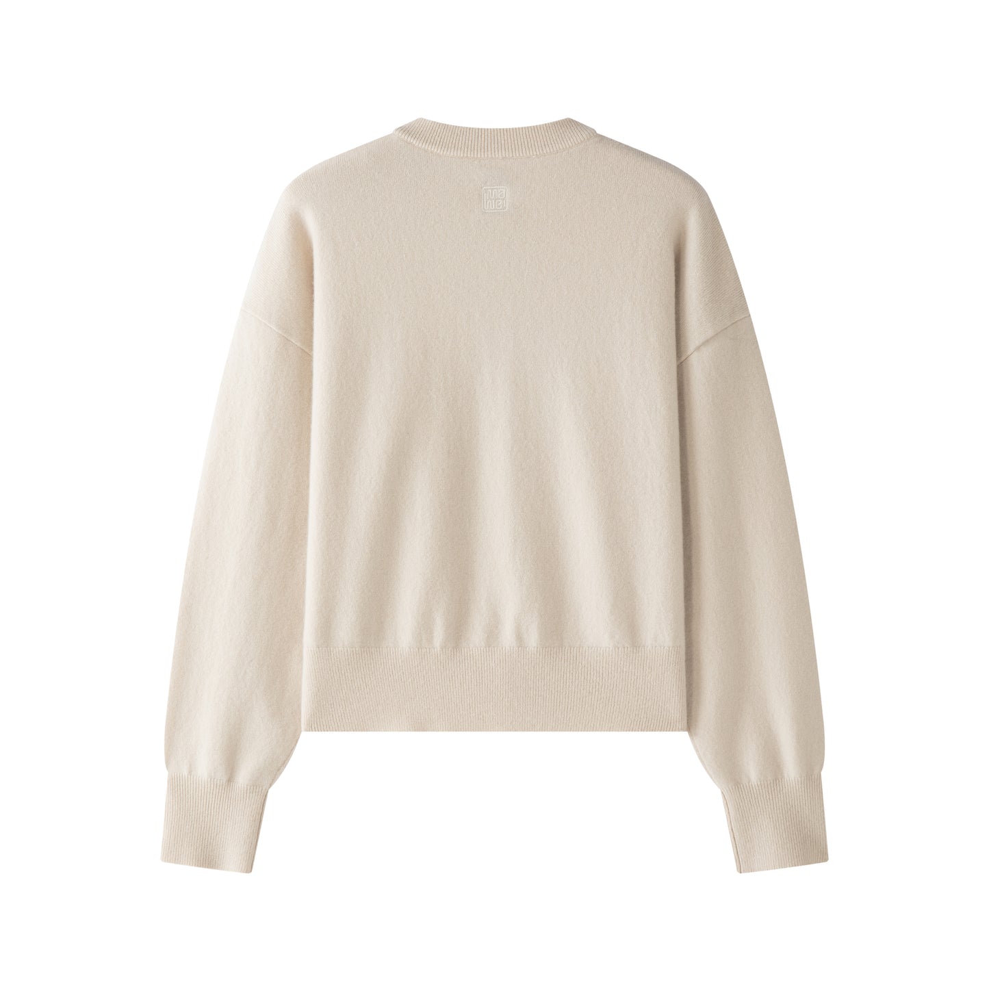 MA06 Cashmere Crewneck Cardigan by Mawei, off white, flat lay back side, close up.