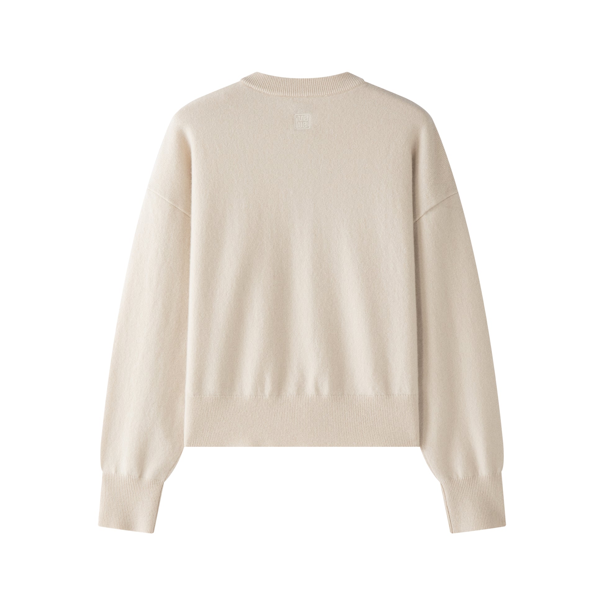 MA06 Cashmere Crewneck Cardigan by Mawei, off white, flat lay back side, close up.