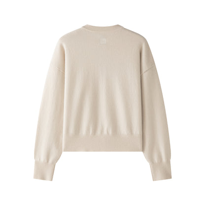 MA06 Cashmere Crewneck Cardigan by Mawei, off white, flat lay back side, close up.