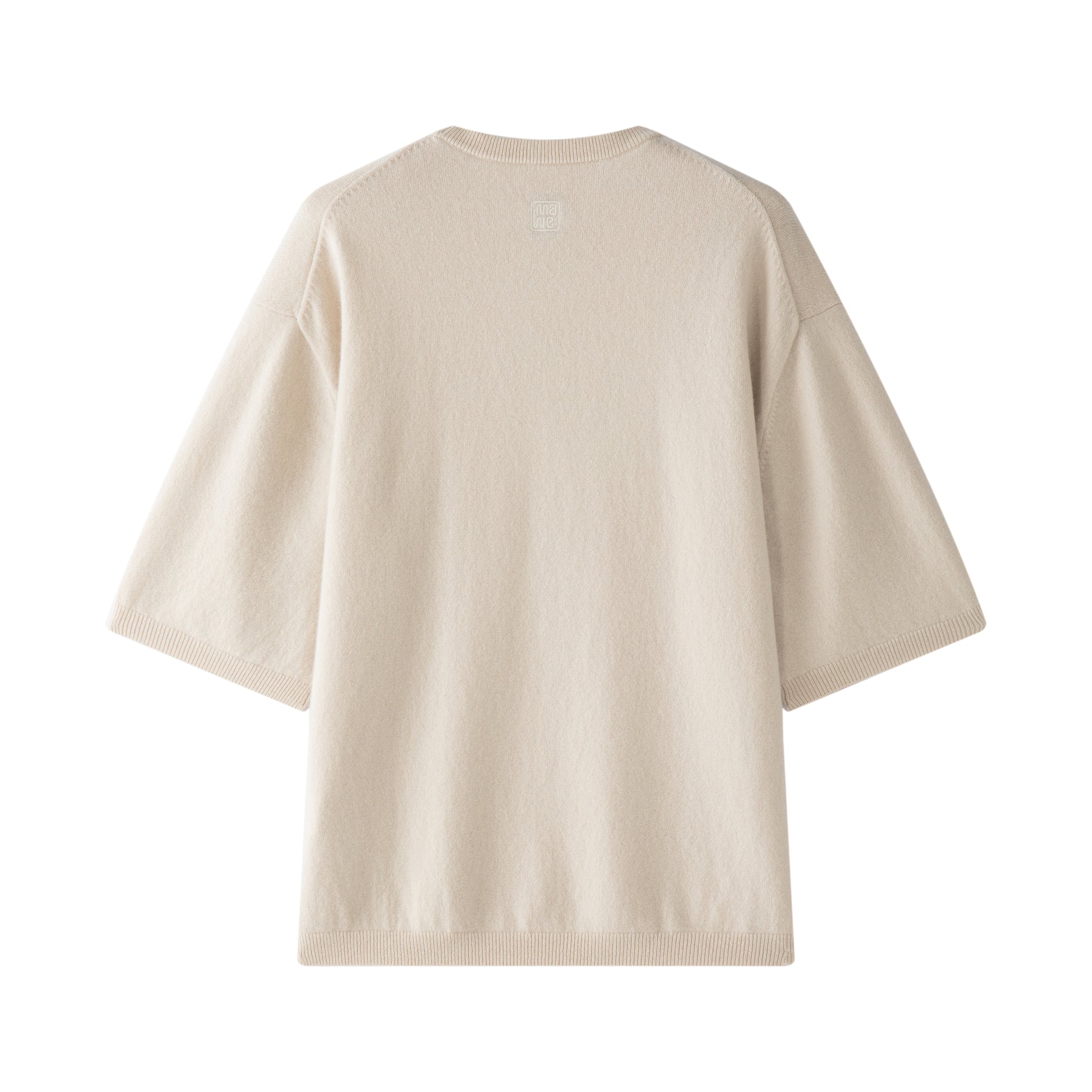 MA07 Oversized Cashmere Short Sleeve Sweater by Mawei, off white, flat lay back side. 