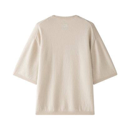 MA07 Oversized Cashmere Short Sleeve Sweater by Mawei, off white, flat lay back side. 