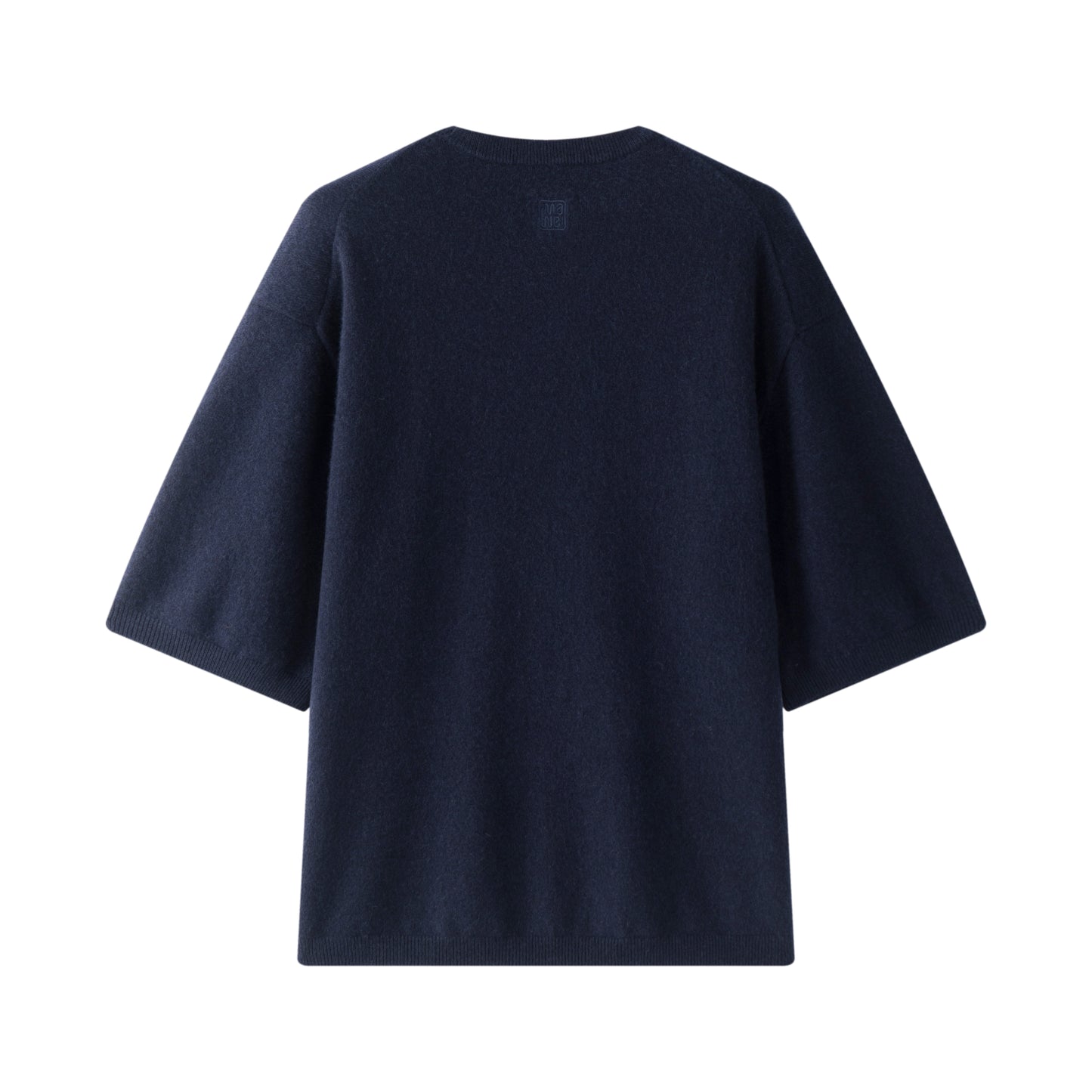 MA07 Oversized Cashmere Short Sleeve Sweater by Mawei, navy blue, flat lay back side. 