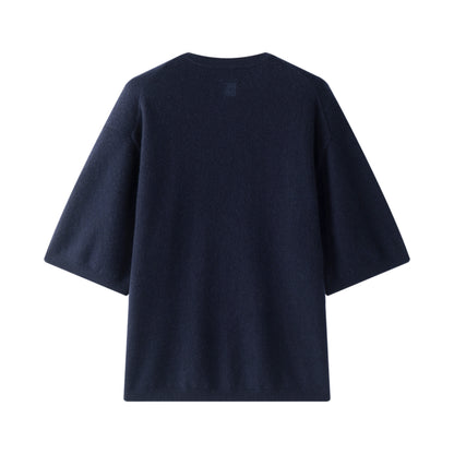 MA07 Oversized Cashmere Short Sleeve Sweater by Mawei, navy blue, flat lay back side. 