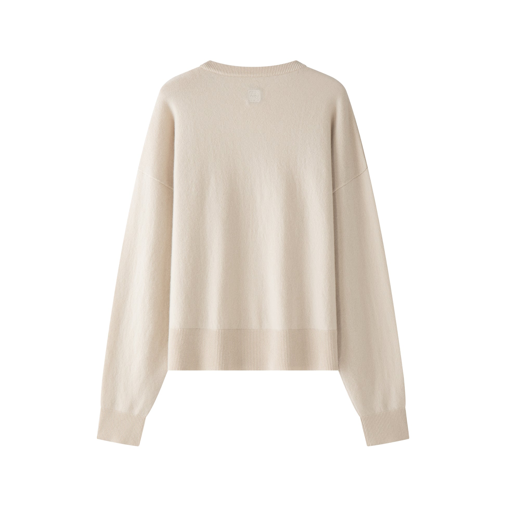 MA22 Unisex Cashmere Crewneck Sweater by Mawei, off white, flat lay back side. 