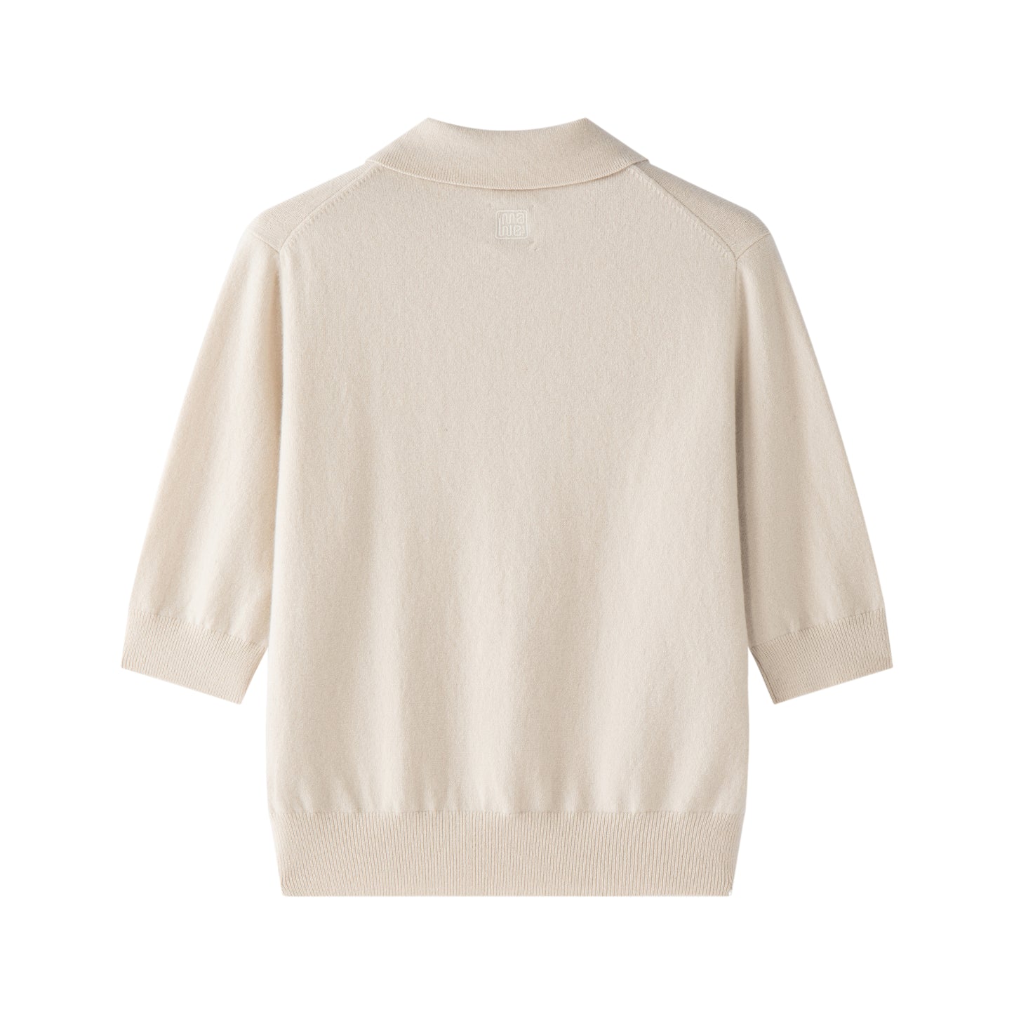 MA09 Cashmere Short Sleeve Polo Sweater by Mawei, off white, flat lay back side. 