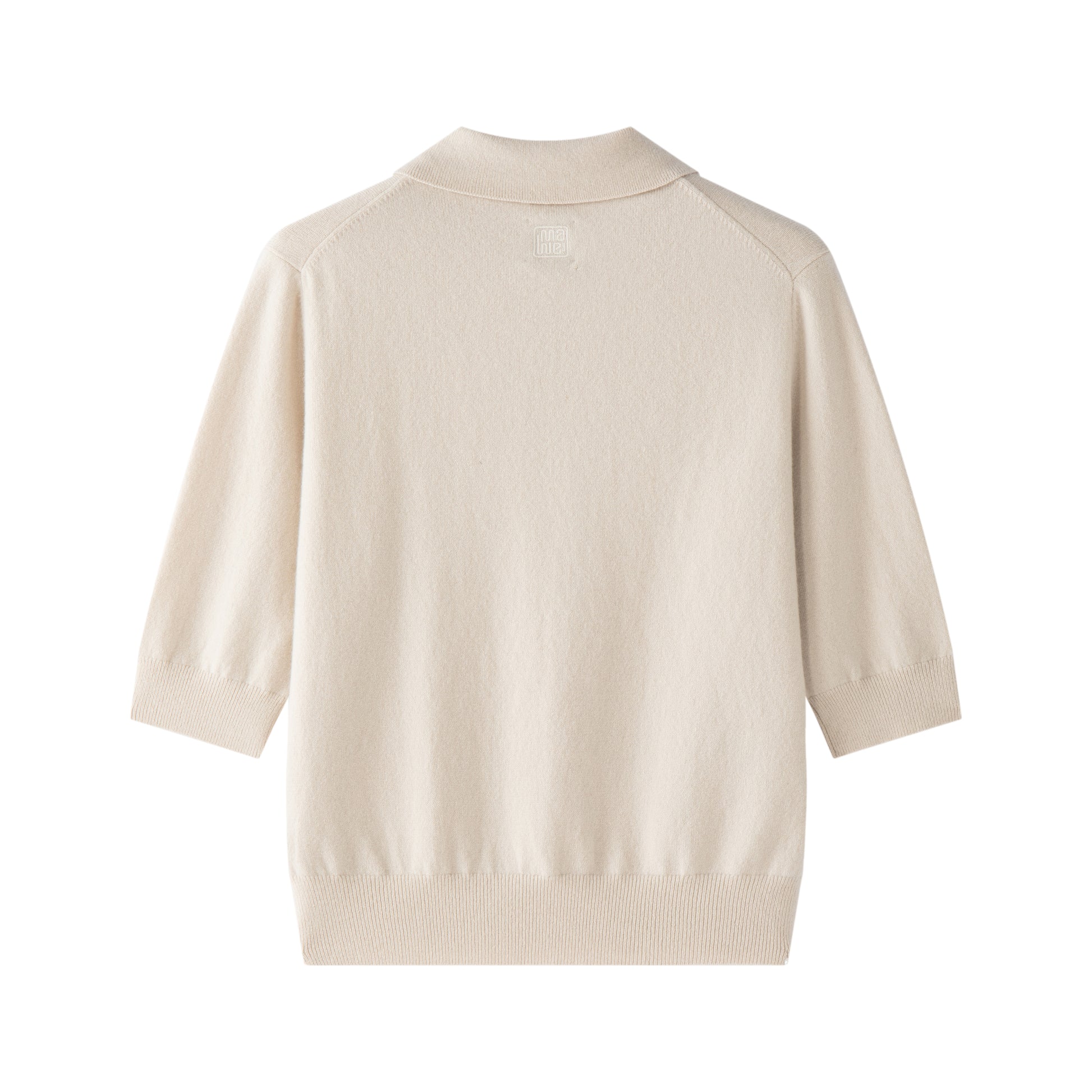 MA09 Cashmere Short Sleeve Polo Sweater by Mawei, off white, flat lay back side. 