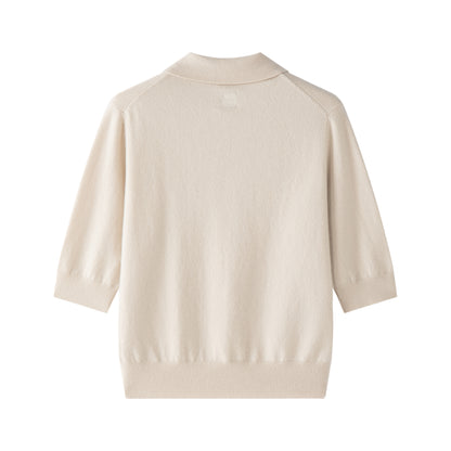 MA09 Cashmere Short Sleeve Polo Sweater by Mawei, off white, flat lay back side. 