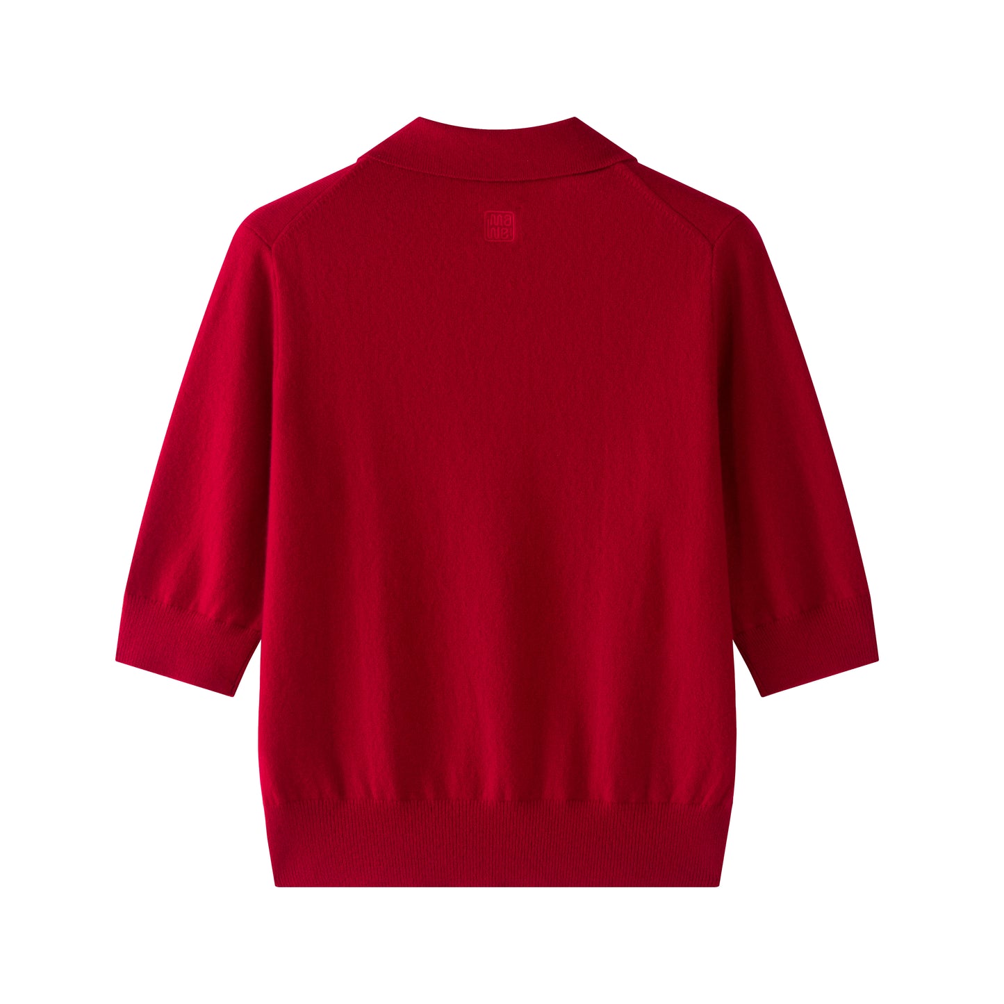 MA09 Cashmere Short Sleeve Polo Sweater by Mawei, red, flat lay back side. 