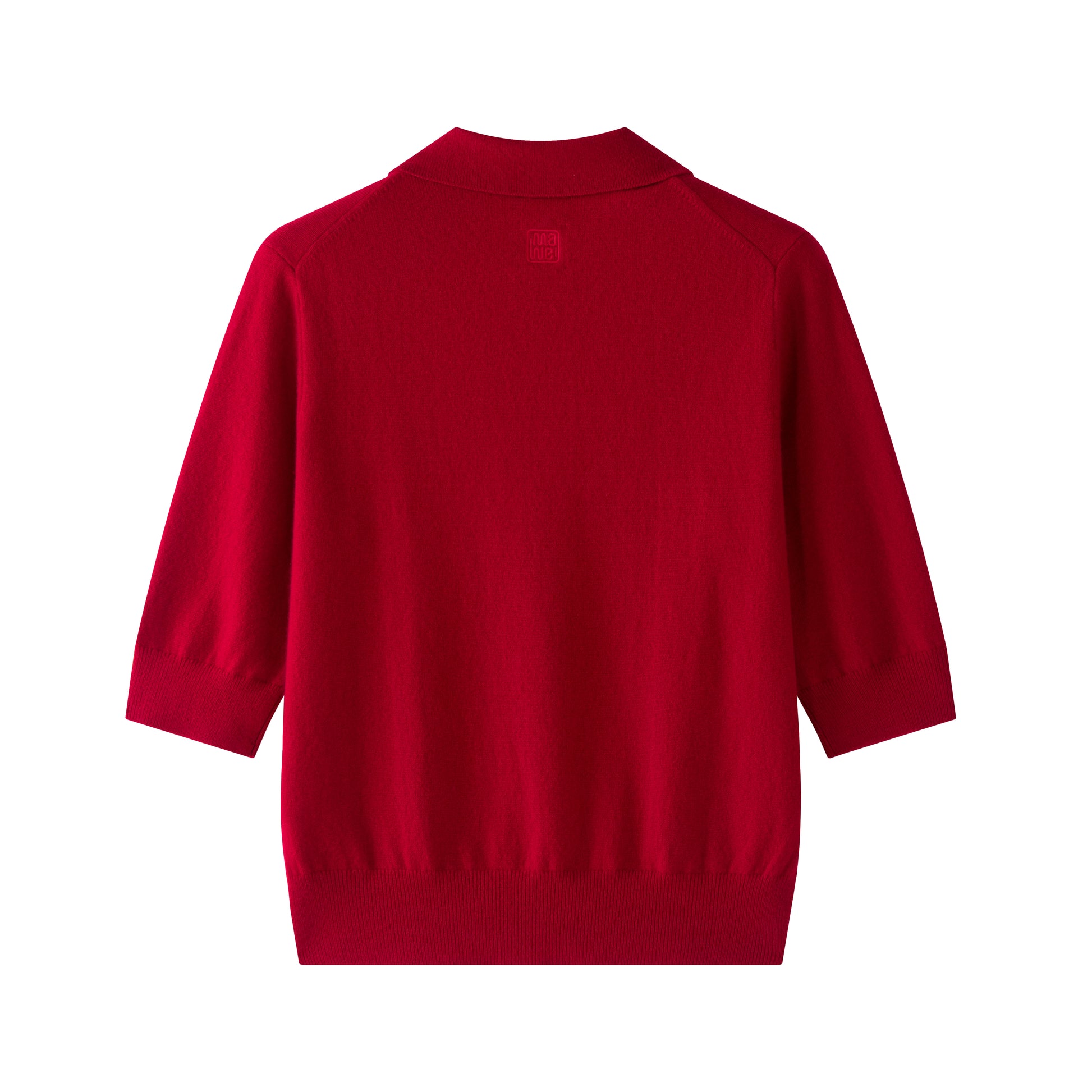 MA09 Cashmere Short Sleeve Polo Sweater by Mawei, red, flat lay back side. 