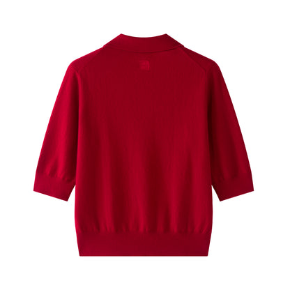 MA09 Cashmere Short Sleeve Polo Sweater by Mawei, red, flat lay back side. 