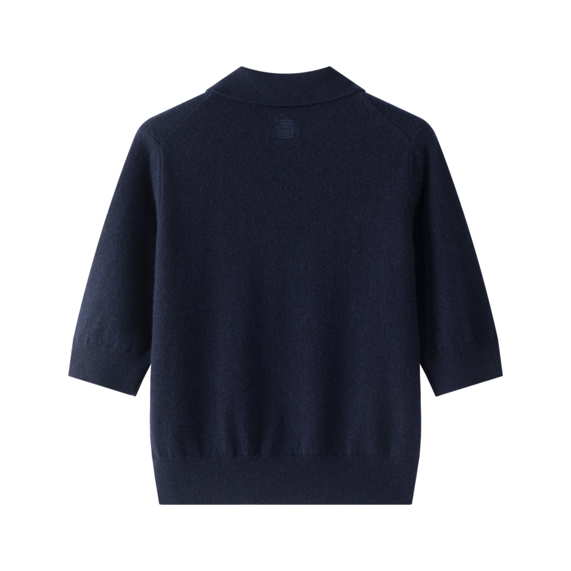 MA09 Cashmere Short Sleeve Polo Sweater by Mawei, navy blue, flat lay back side. 