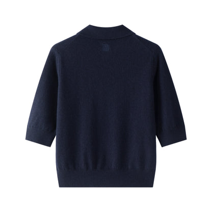 MA09 Cashmere Short Sleeve Polo Sweater by Mawei, navy blue, flat lay back side. 