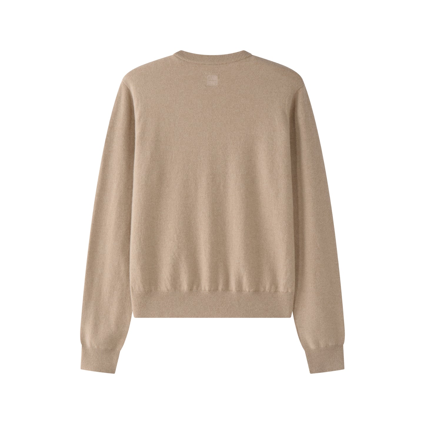 MA22 Unisex Cashmere Crewneck Sweater by Mawei, beige camel, flat lay back side. 
